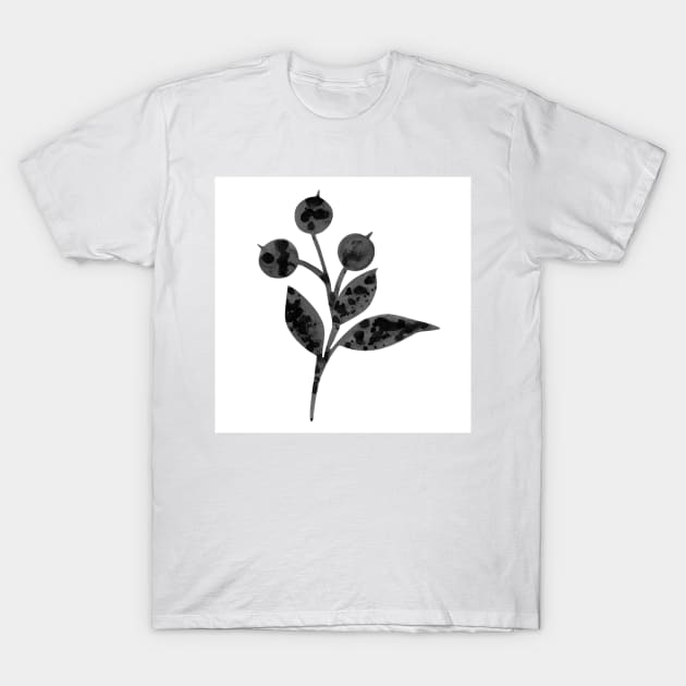 Hand drawn watercolor illustration with blueberries and leaves isolated on white. Perfect for greeting cards, postcards, logo, textile, fabric, packaging, wrapping paper and other design. T-Shirt by Olesya Pugach